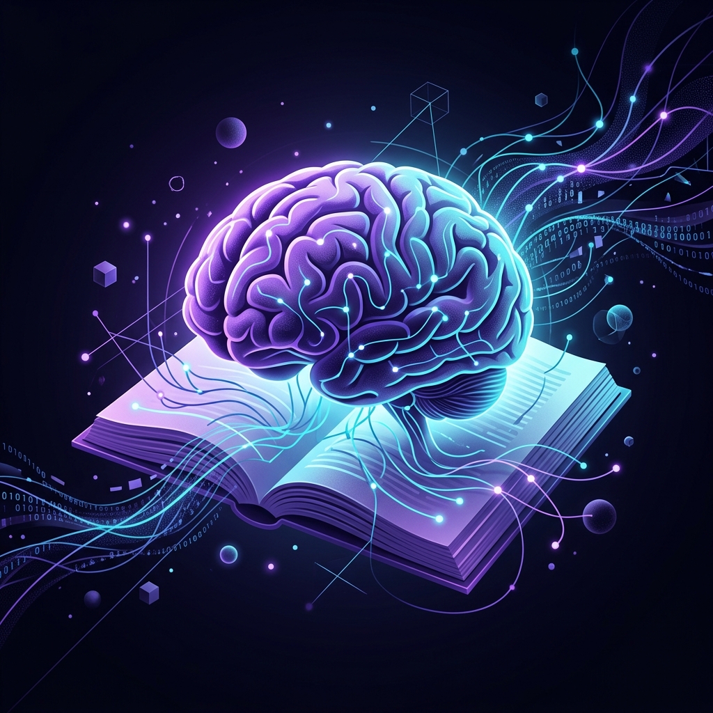 Abstract illustration of a brain and book with neural networks representing knowledge and AI